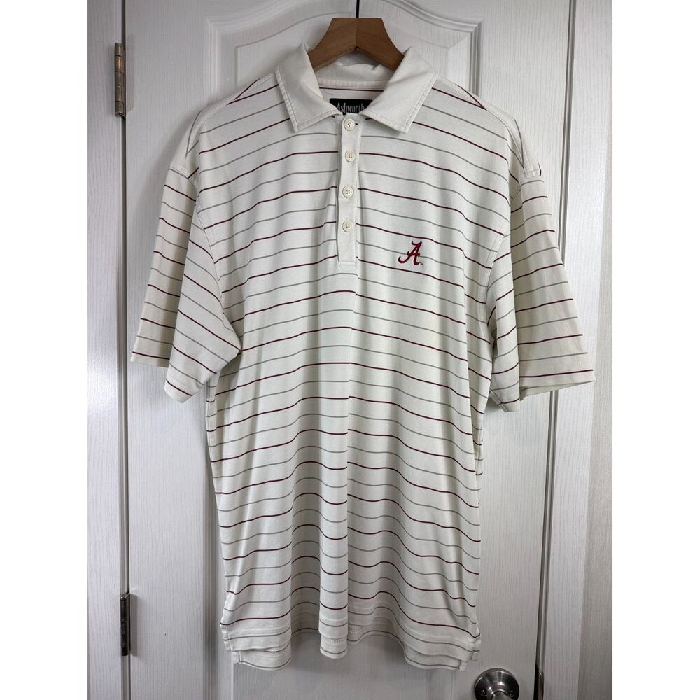 Ashworth Alabama Crimson Tide Polo Shirt Off-White Striped Men's Large